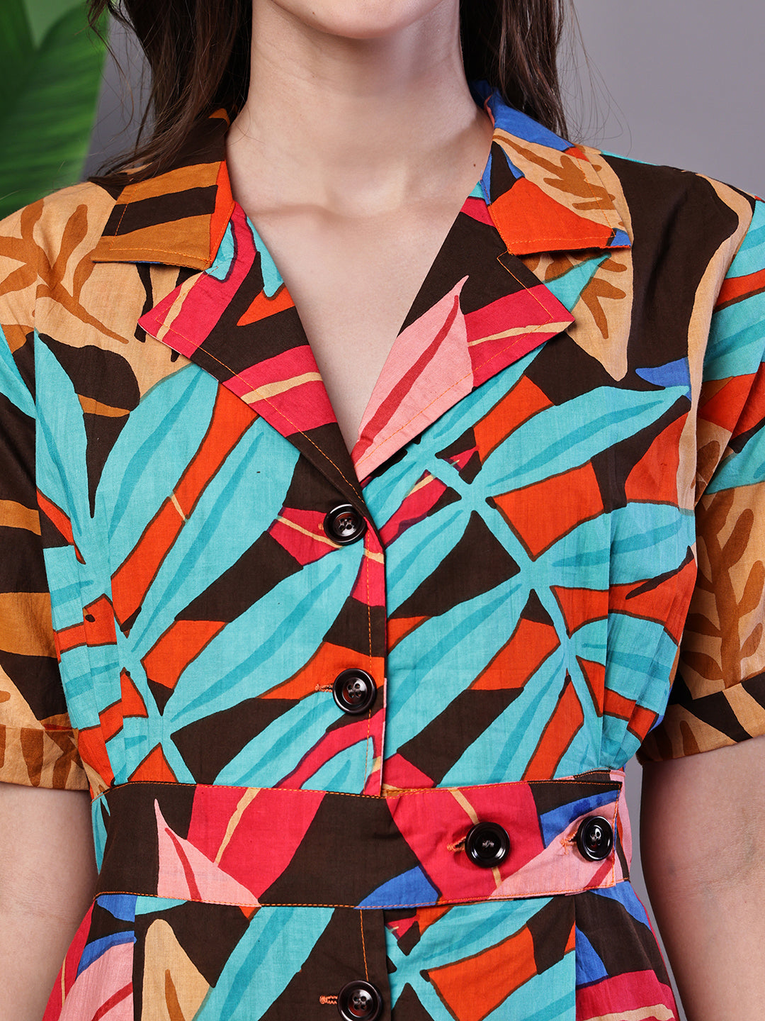 Aawari Leaf Print Button-Down Cotton Midi Dress - Midi Dresses / Western Wear / Dresses