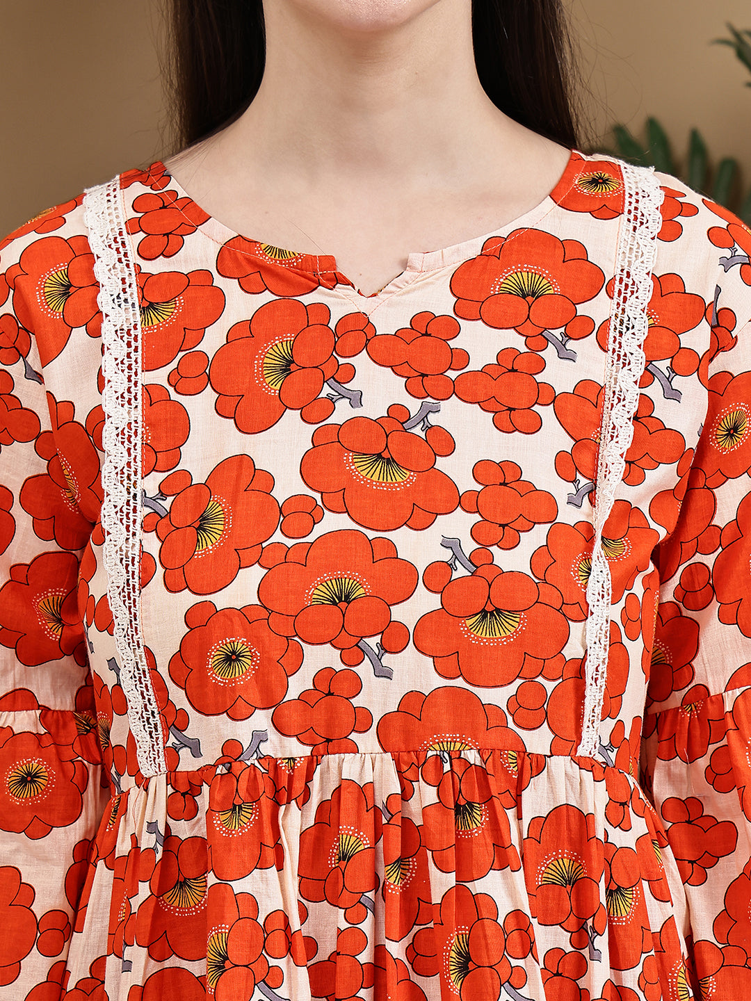 Aawari Orange Flower Cotton Printed Short Dress - Midi Dress