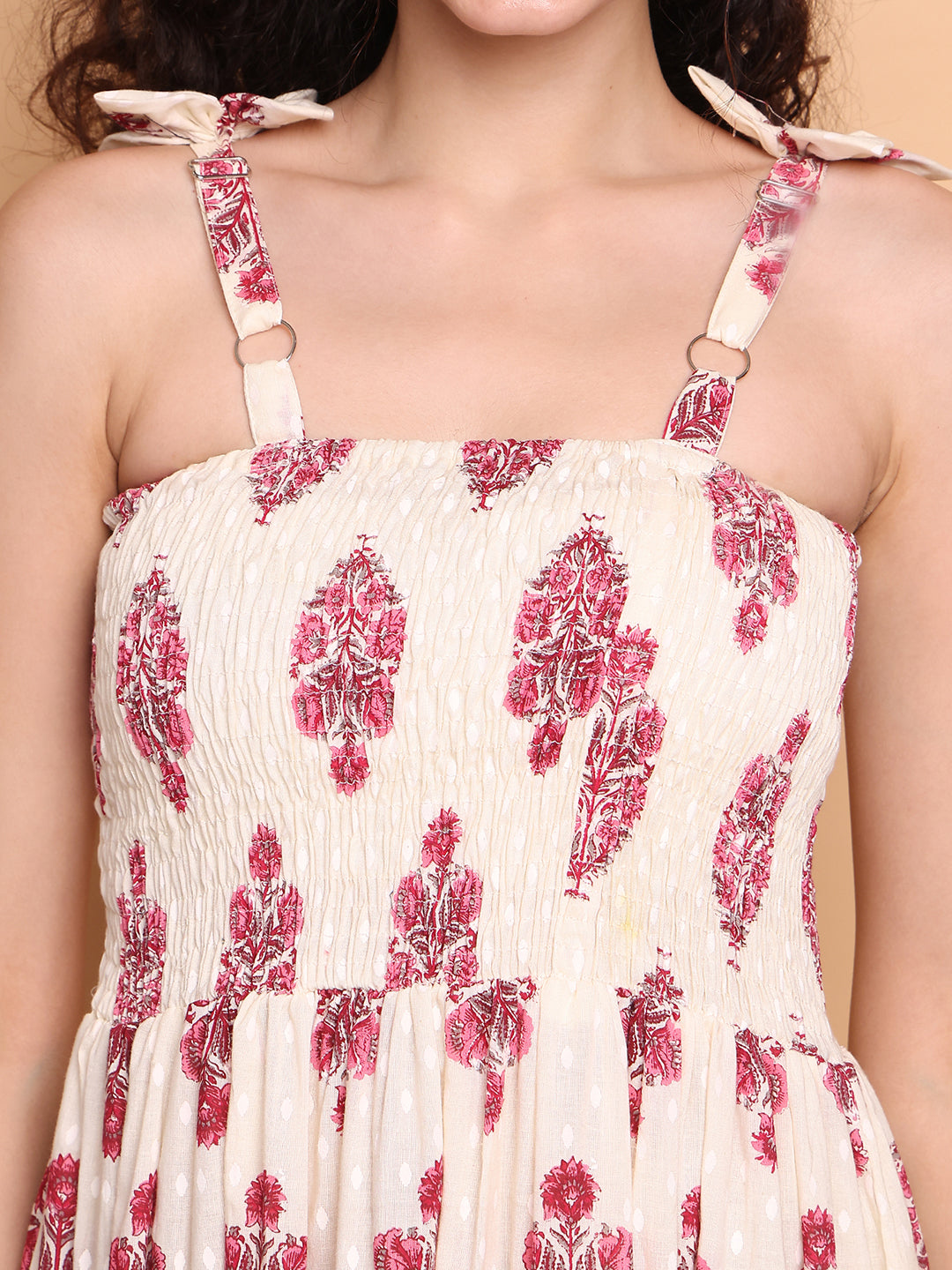 Aawari Elegant Cream & Pink Floral Printed Cotton Bobbin Gown with Tie-Up Straps for Women - Western wear