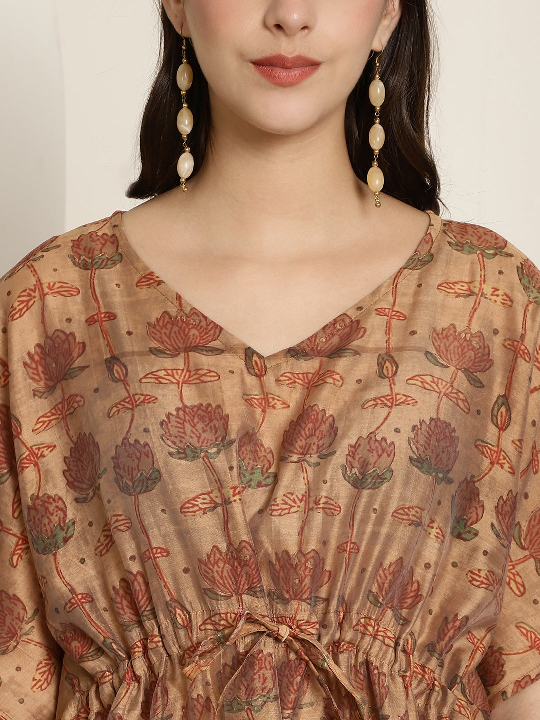 Chanderi Brown Flower Printed Kaftan Top With Bell Sleeve 