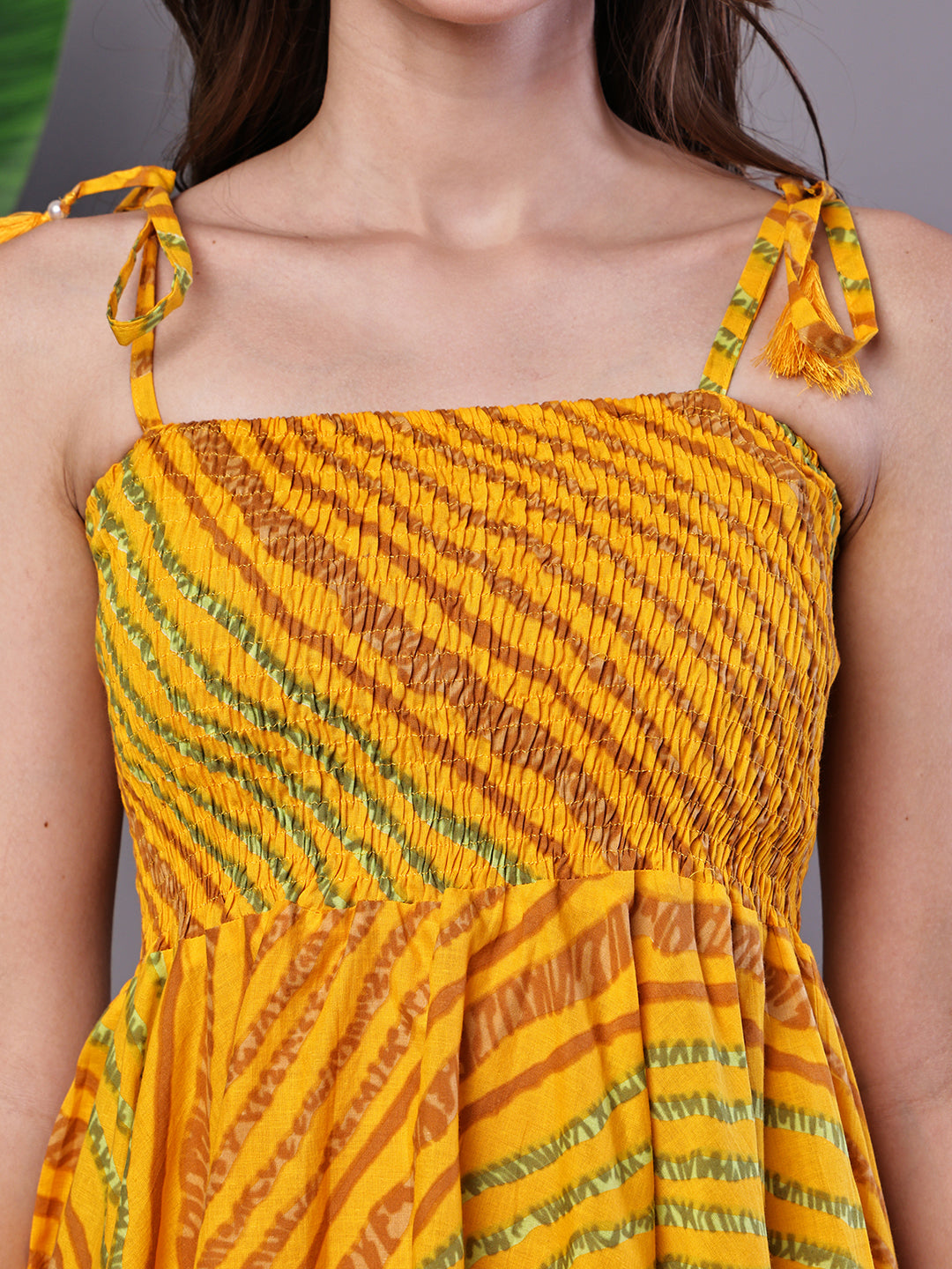 Aawari Yellow & Green Printed Cotton Handkerchief Hem Dress - Midi Dresses / Western Wear