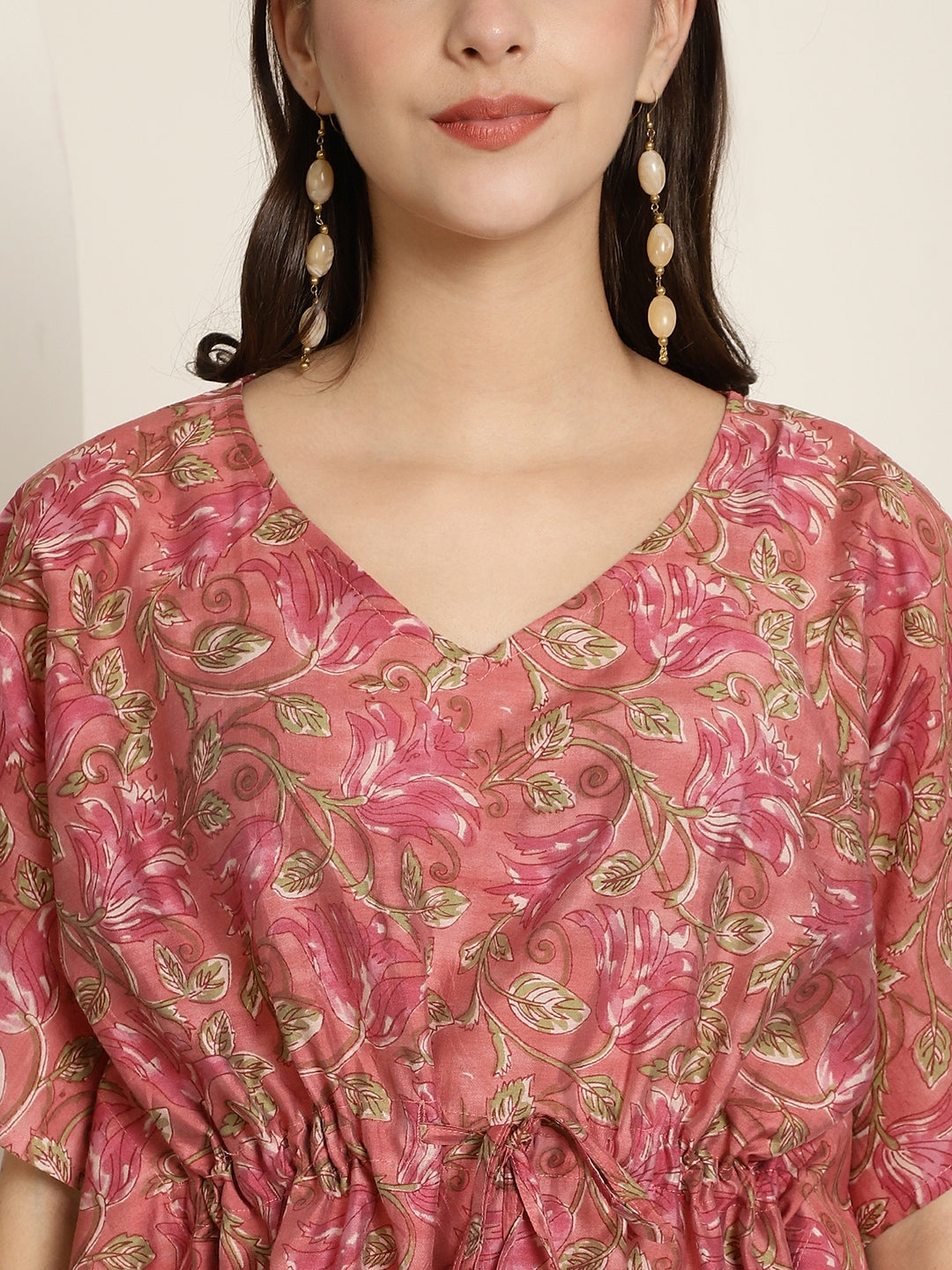 Muslin Maroon Floral Printed Kaftan Top With Bell Sleeve 
