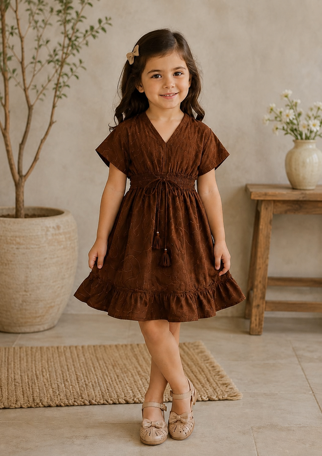 Baby Girls Cocoa Charm Smocked Waist Flared Midi Dress