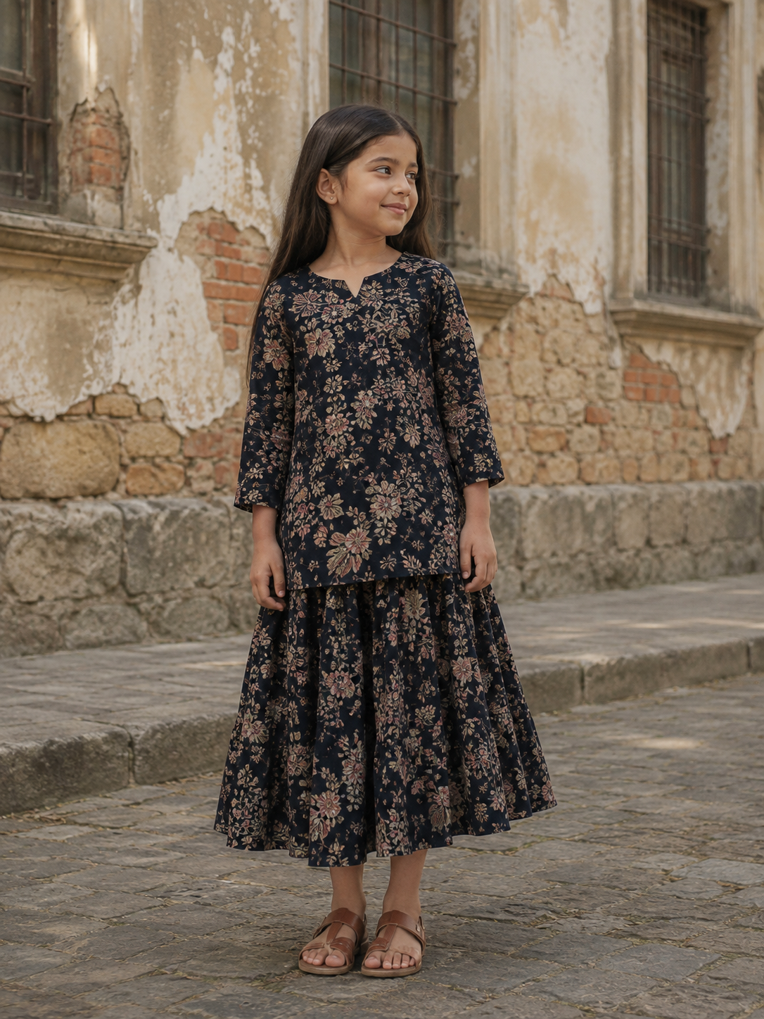 Girl's Black Floral Printed Kurta with Matching Flared Palazzo Skirt Set