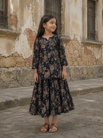 Girl's Black Floral Printed Kurta with Matching Flared Palazzo Skirt Set