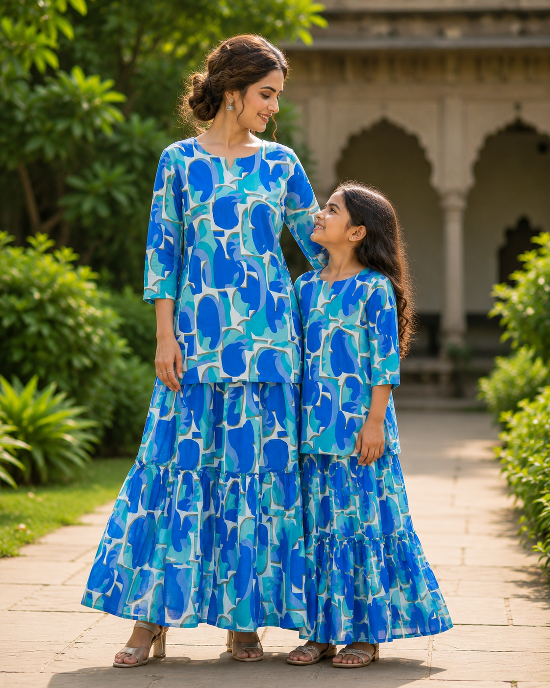 Mom & Daughter Blue Abstract Printed Kurta & Tiered Skirt Matching Co-ord Set
