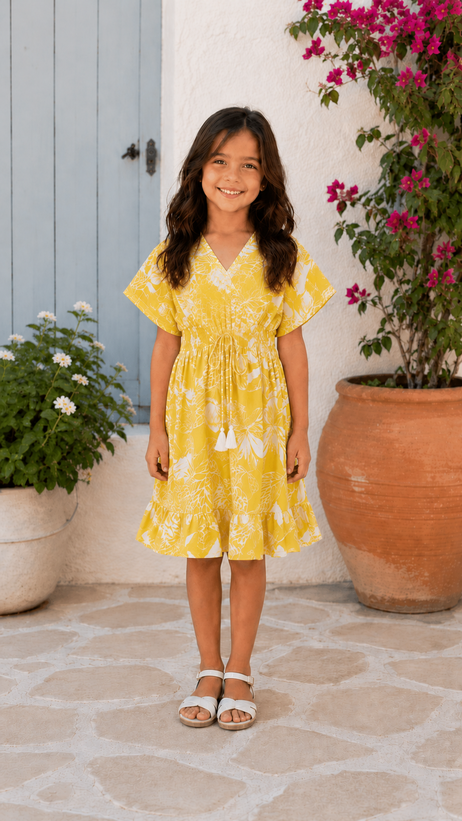 Baby Girls Cotton Yellow Tropical Leaf Printed Smocked Waist A-Line Dress