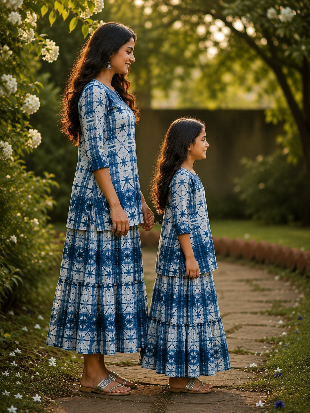 Mom & Daughter Blue & White Printed Kurta & Tiered Skirt Matching Co-ord Set