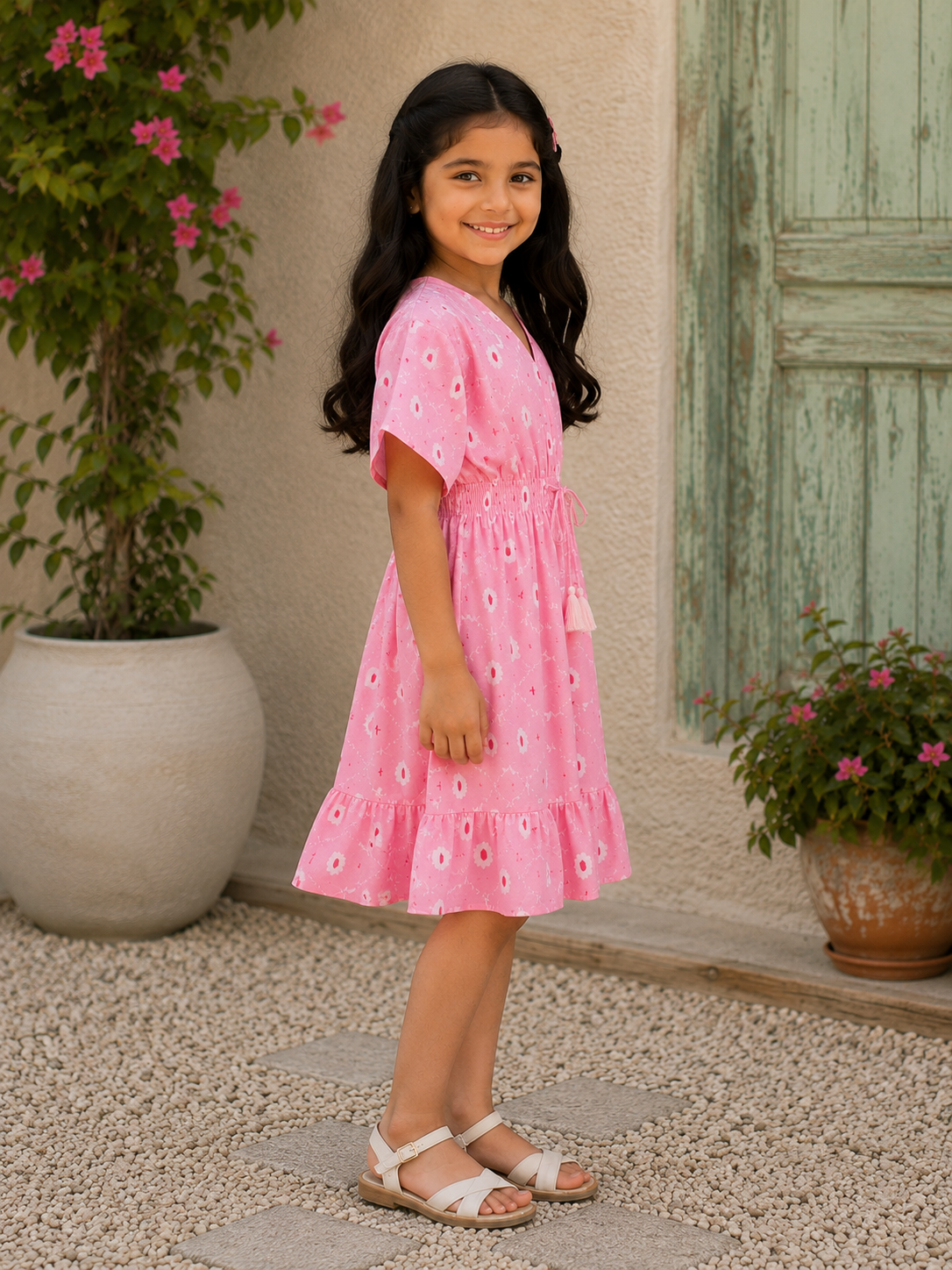 Baby Girls Cotton Pink Ikat Printed Smocked Waist A-Line Dress