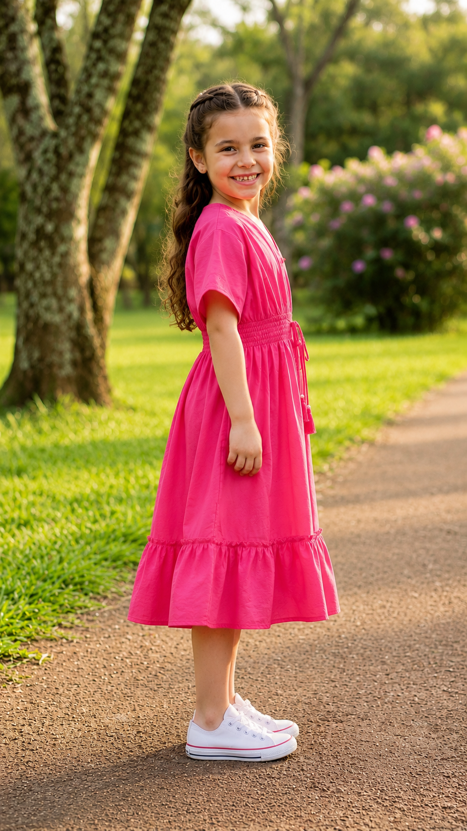 Baby Girls Pink Solid Cotton Smocked Waist Flared Midi Dress