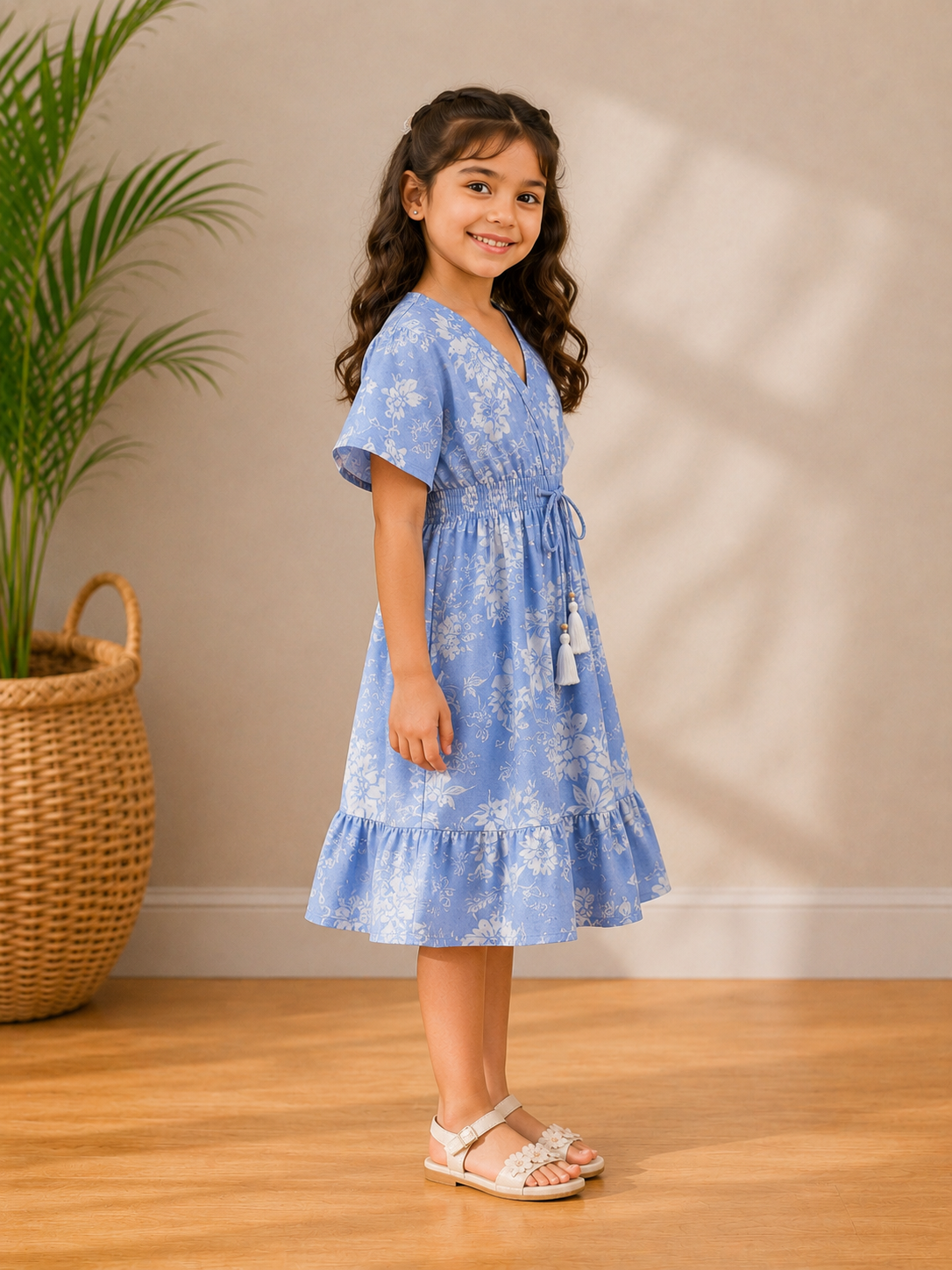 Baby Girls Powder Blue Floral Printed Tassel Tie-Up Smocked Waist Flared Midi Dress