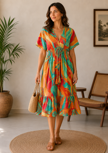 Women’s Tropical Sunset Print Smocked Midi Dress