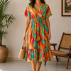 Women’s Tropical Sunset Print Smocked Midi Dress