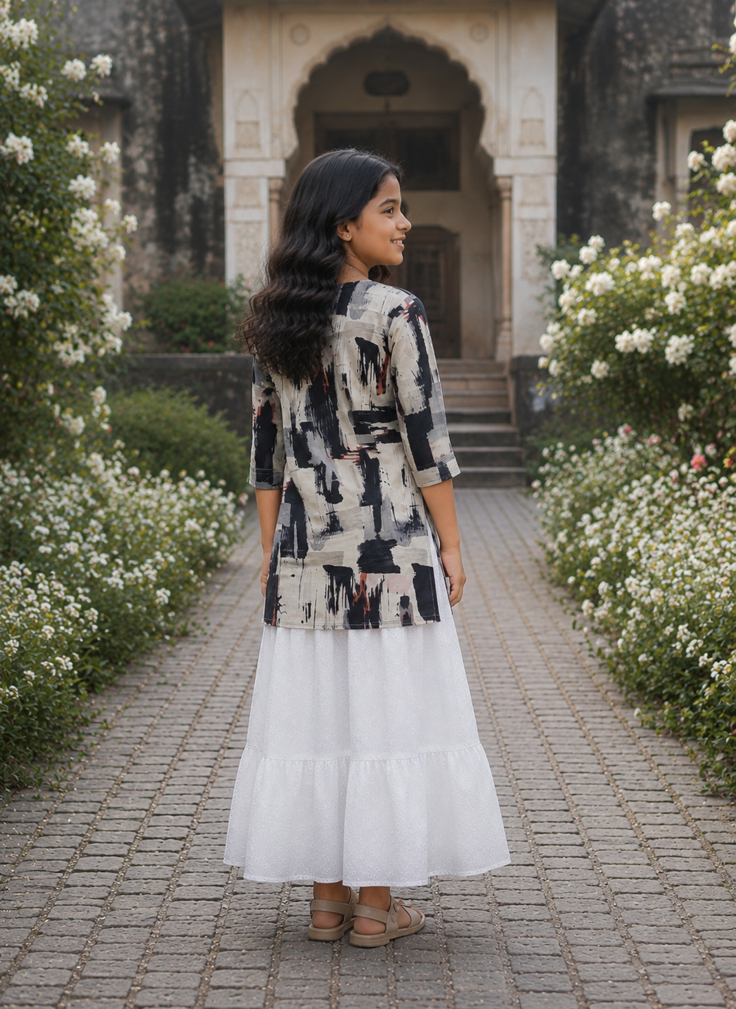 Girl's Black & White Abstract Printed Kurta with White Tiered Skirt Set