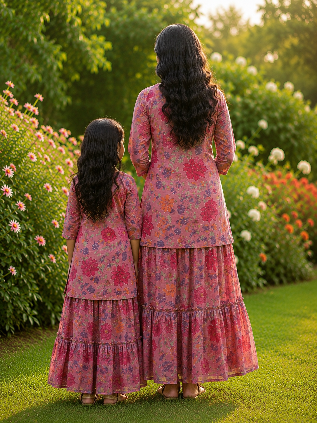Mom & Daughter Pink Floral Printed Kurta & Tiered Skirt Matching Co-ord Set