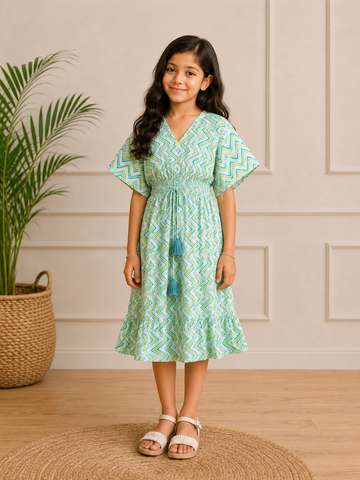 Baby Girls Cotton Blue Chevron Printed Smocked Waist Midi Dress