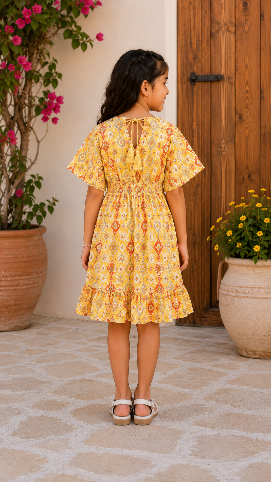 Baby Girls Cotton Yellow Ikat Printed Smocked Waist Ruffle Hem Dress