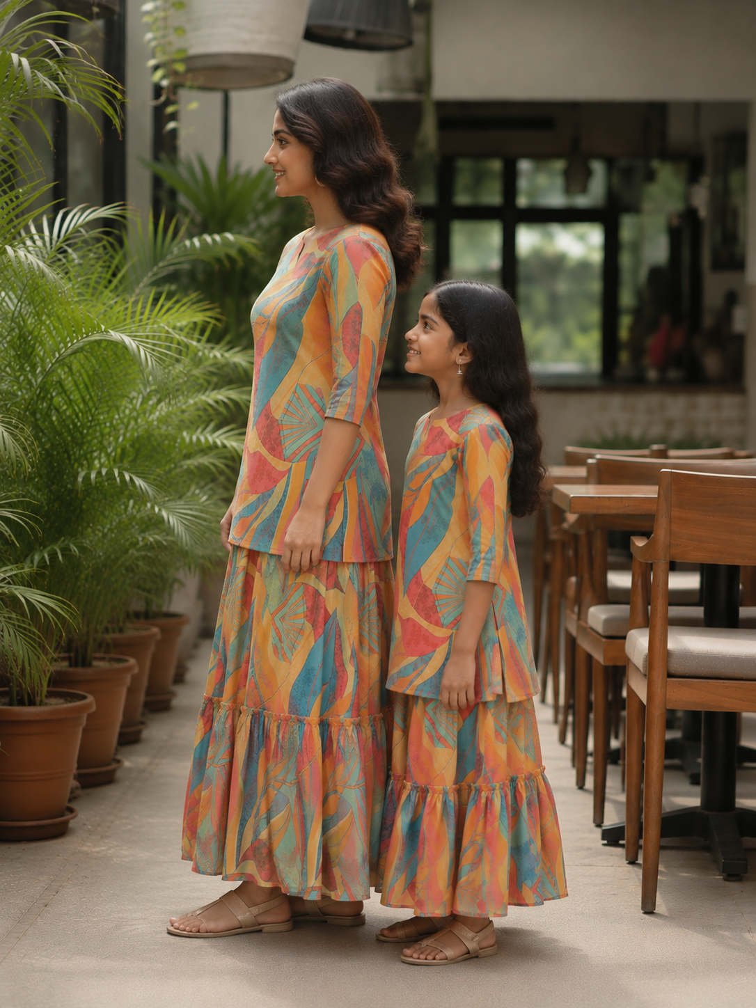 Mom & Daughter Multicolor Printed Kurta & Tiered Skirt Matching Co-ord Set