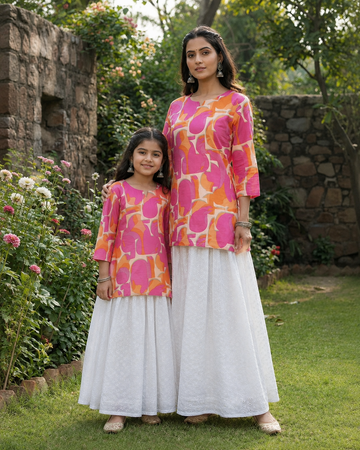 Mom & Daughter Pink Abstract Print Kurta with White Embroidered Skirt Set