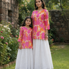 Mom & Daughter Pink Abstract Print Kurta with White Embroidered Skirt Set