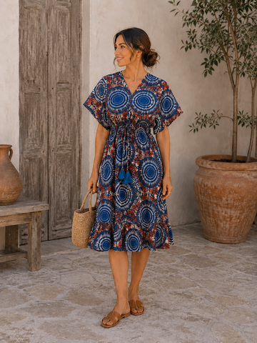 Women’s Blue Ethnic Printed Smocked Waist Midi Dress
