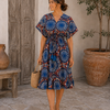 Women’s Blue Ethnic Printed Smocked Waist Midi Dress