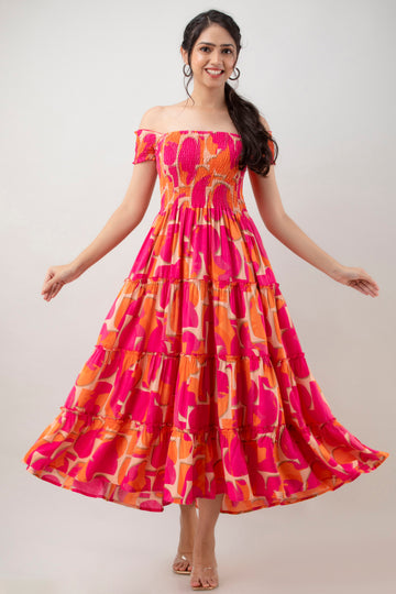 Aawari Women's Pink & Orange Off-Shoulder Printed Rayon Maxi Dress - Dresses