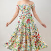 Aawari Women's White Multi-color Floral Printed Rayon Off-Shoulder Smocked Tiered Maxi Dress - Dresses / Maxi Dresses / Western Wear