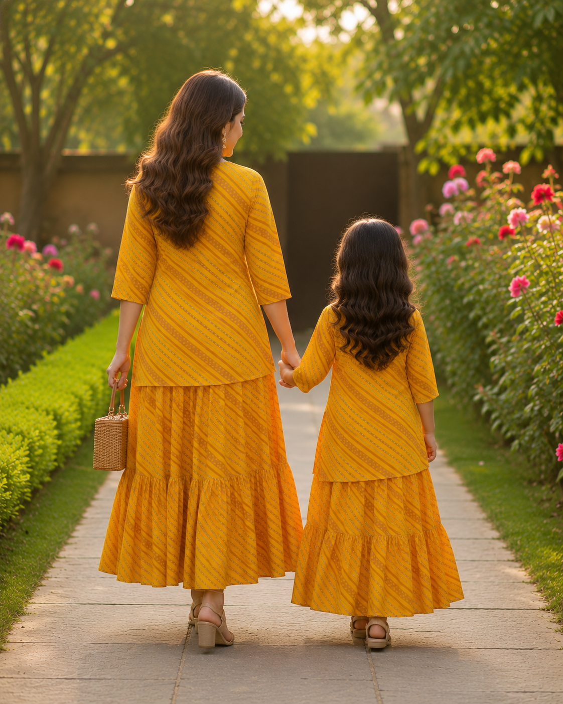 Mom & Daughter Mustard Yellow Printed Kurta & Tiered Skirt Matching Co-ord Set