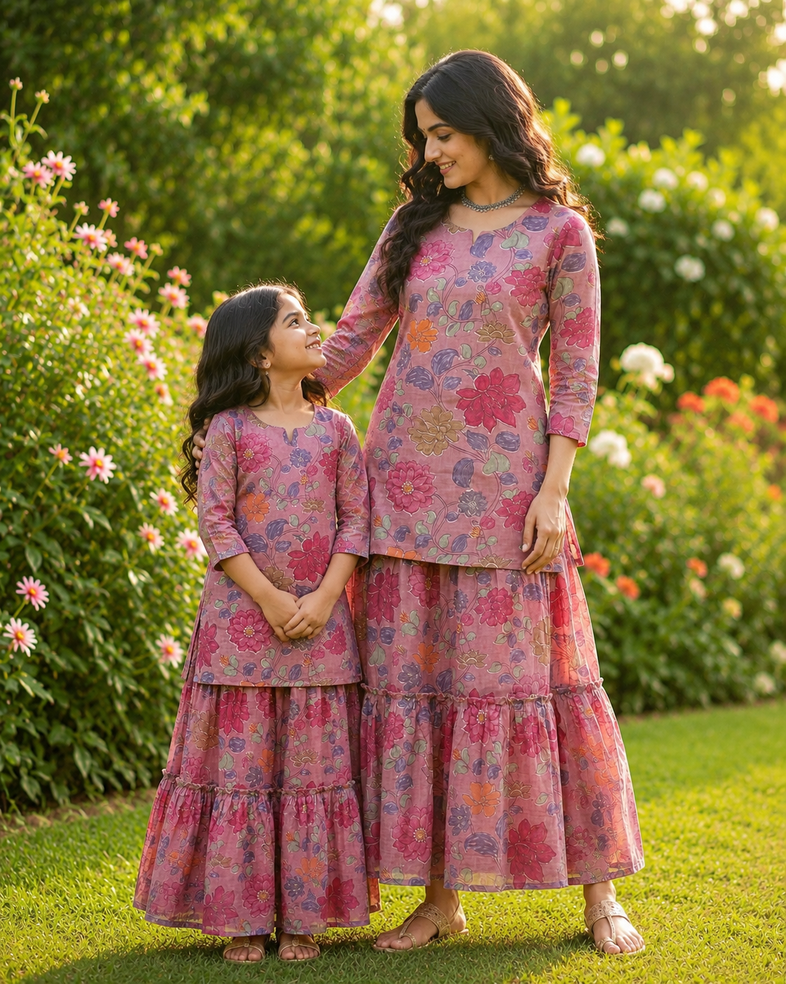 Mom & Daughter Pink Floral Printed Kurta & Tiered Skirt Matching Co-ord Set