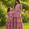 Mom & Daughter Pink Floral Printed Kurta & Tiered Skirt Matching Co-ord Set