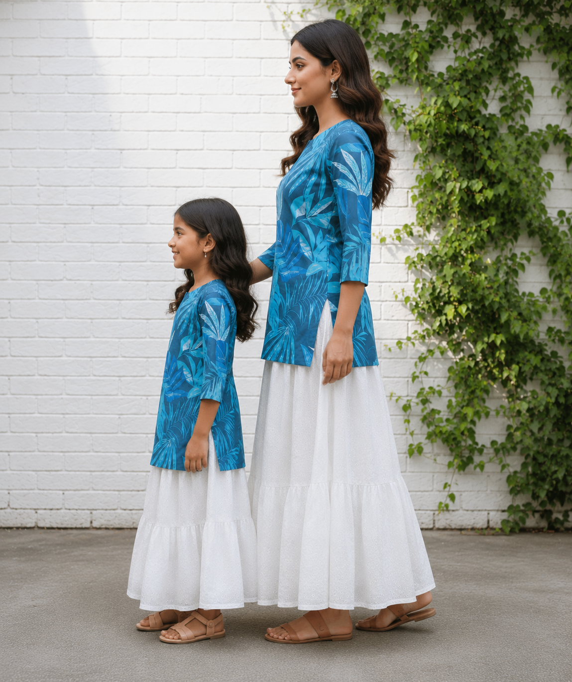 Mom & Daughter Blue Printed Kurta with White Skirt Matching Co-ord Set