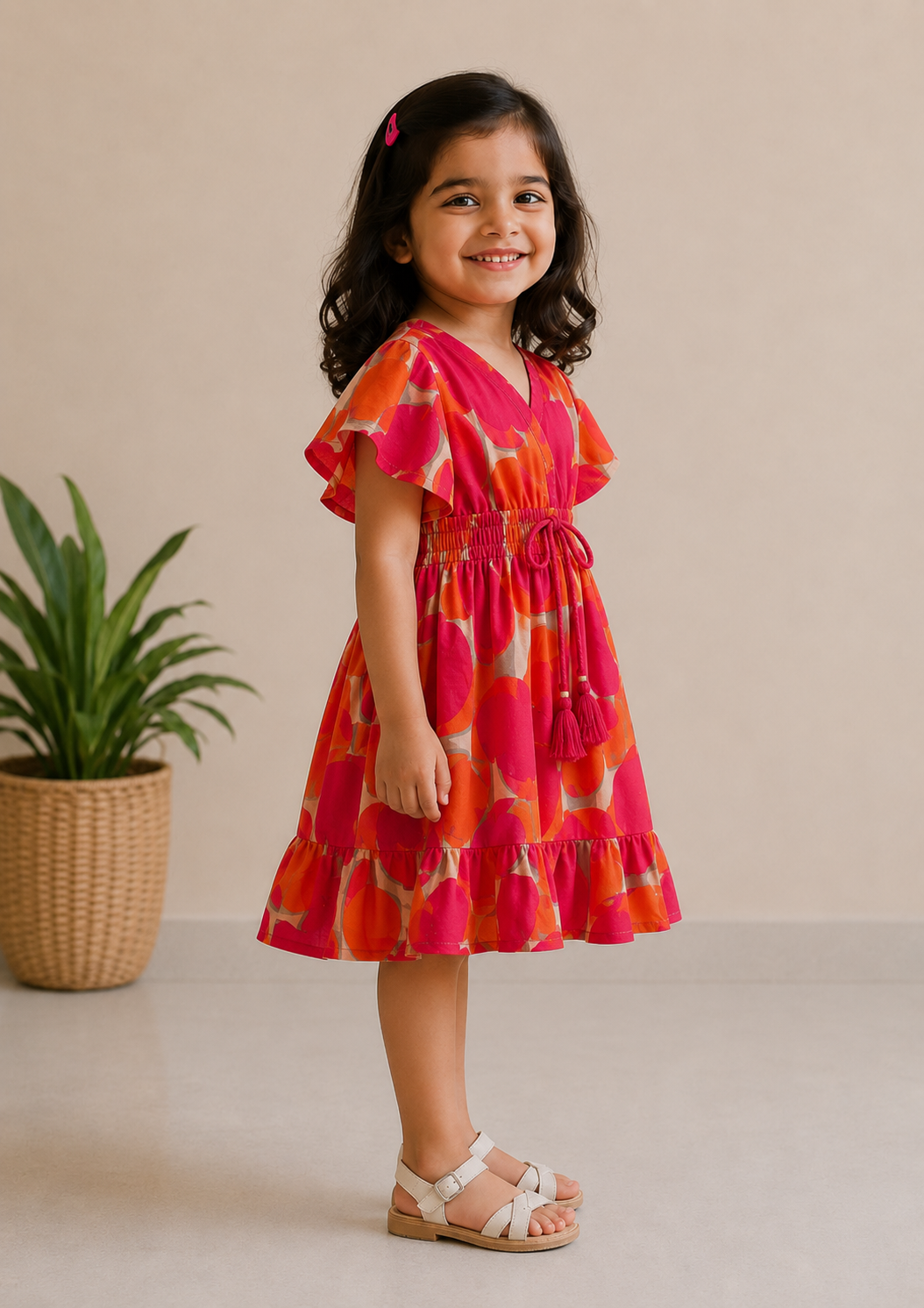 Baby Girls Sunset Tropical Printed Smocked Waist Flared Midi Dress