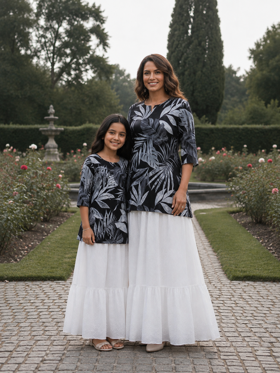 Mom & Daughter Black Leaf Print Kurta with White Tiered Skirt Set