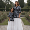 Mom & Daughter Black Leaf Print Kurta with White Tiered Skirt Set
