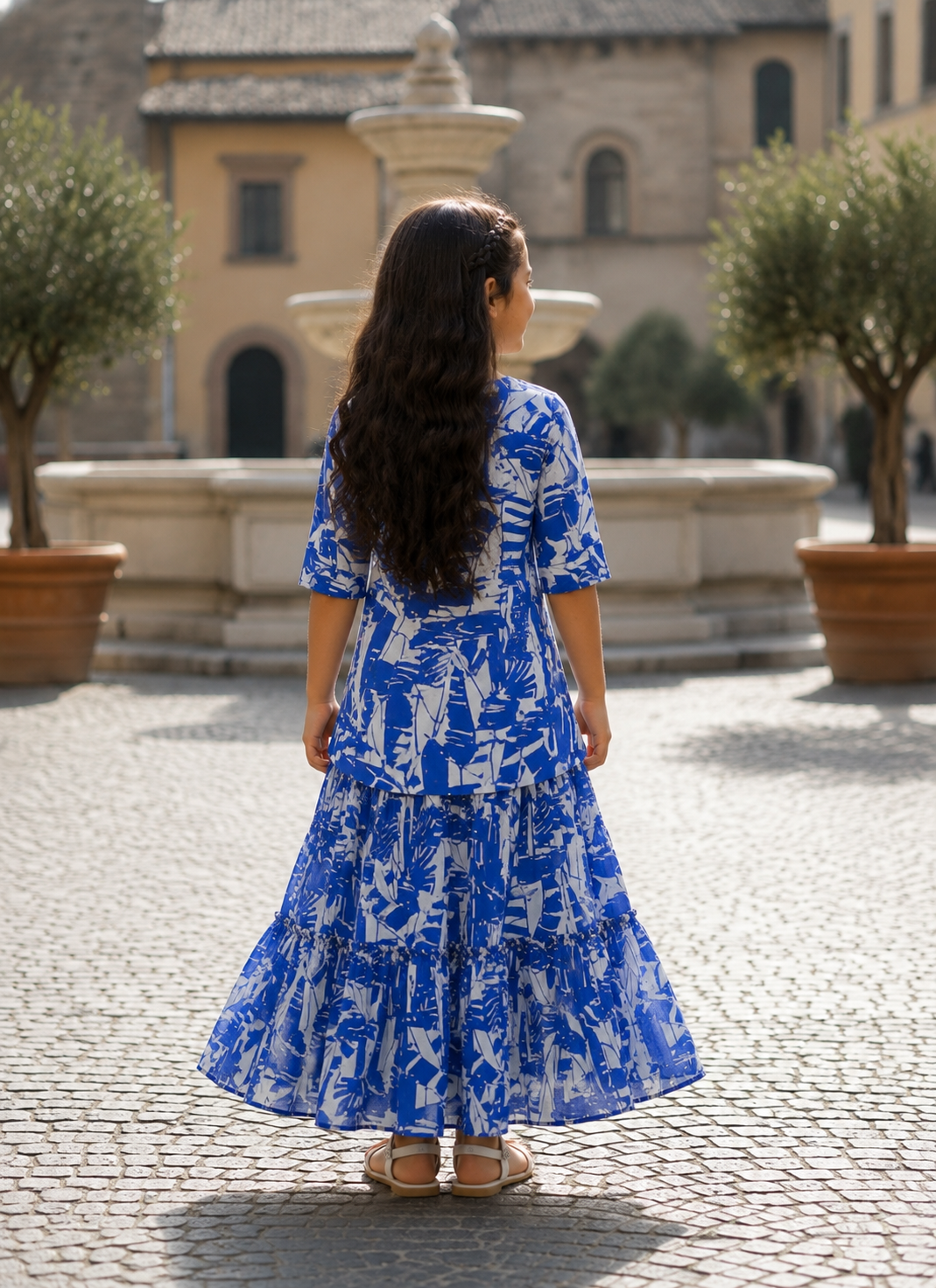 Girl's Blue Abstract Printed Kurta with Matching Tiered Flared Skirt Co-ord Set