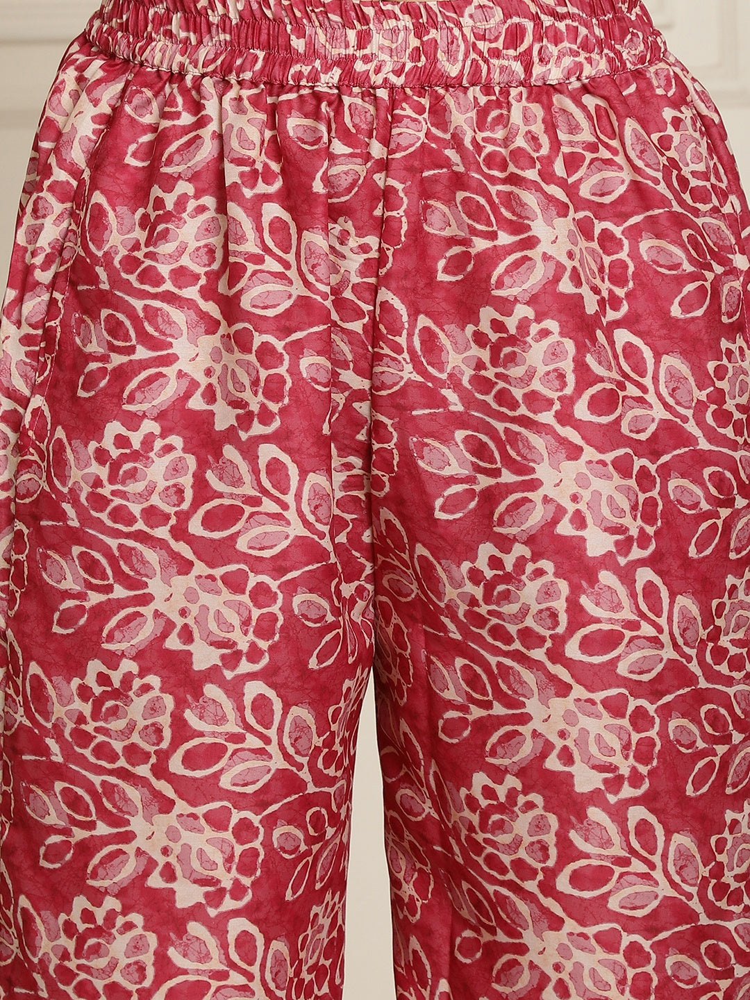 Aawari Women Muslin Pink Leaf Printed Shirt Collar Tunic With Trouser