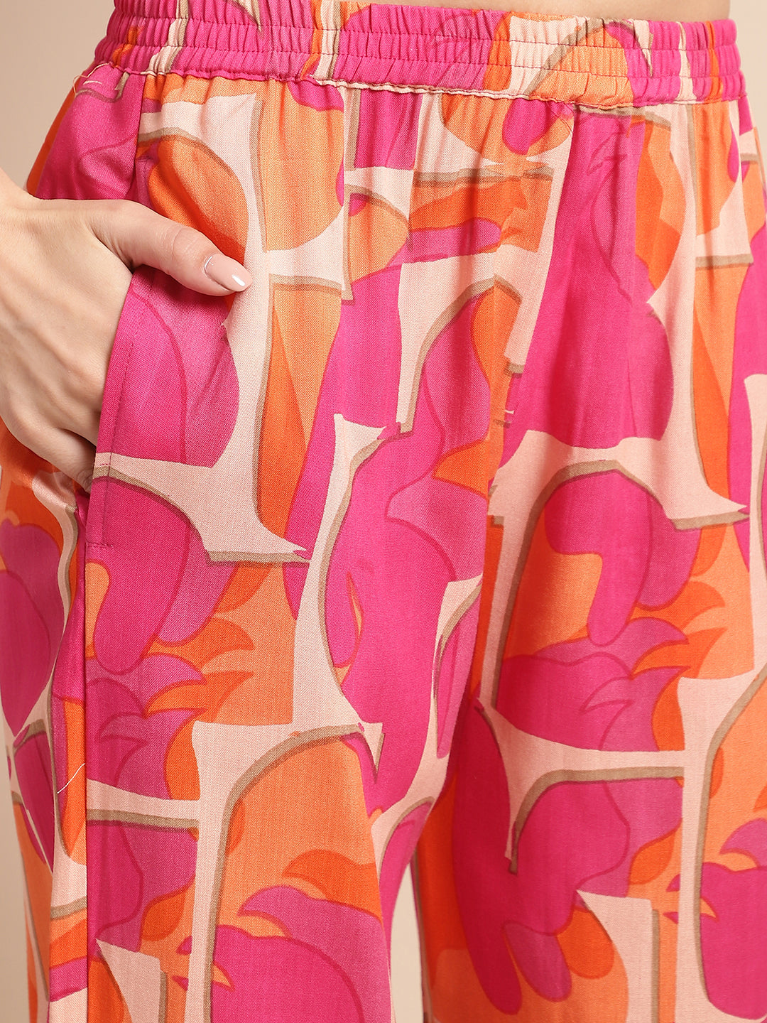Aawari Women's Printed Co-ord Set in Pink & Orange - Rayon Casual Wear
