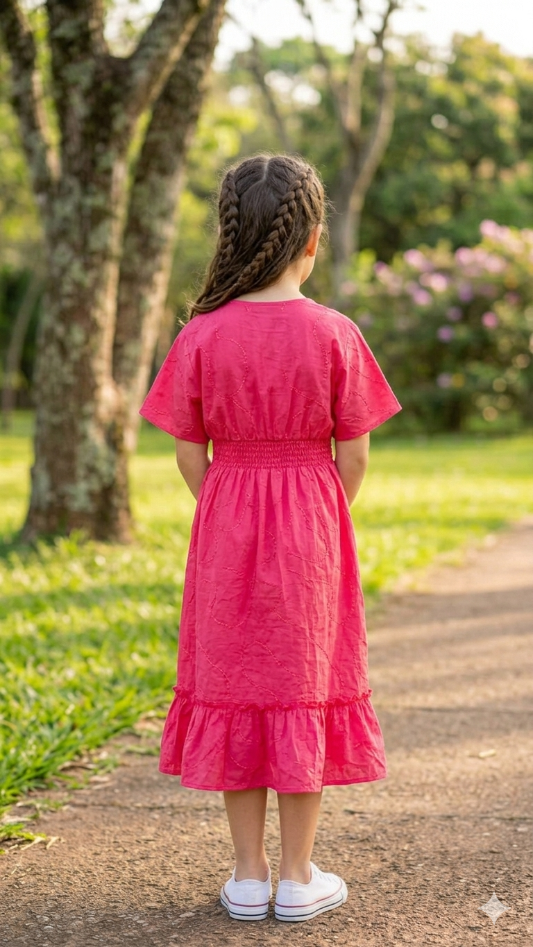 Baby Girls Pink Solid Cotton Smocked Waist Flared Midi Dress