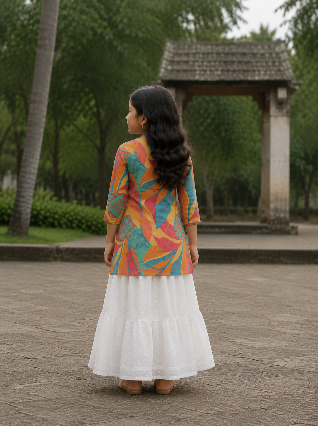 Girl's Multicolor Abstract Printed Kurta with White Tiered Skirt Set