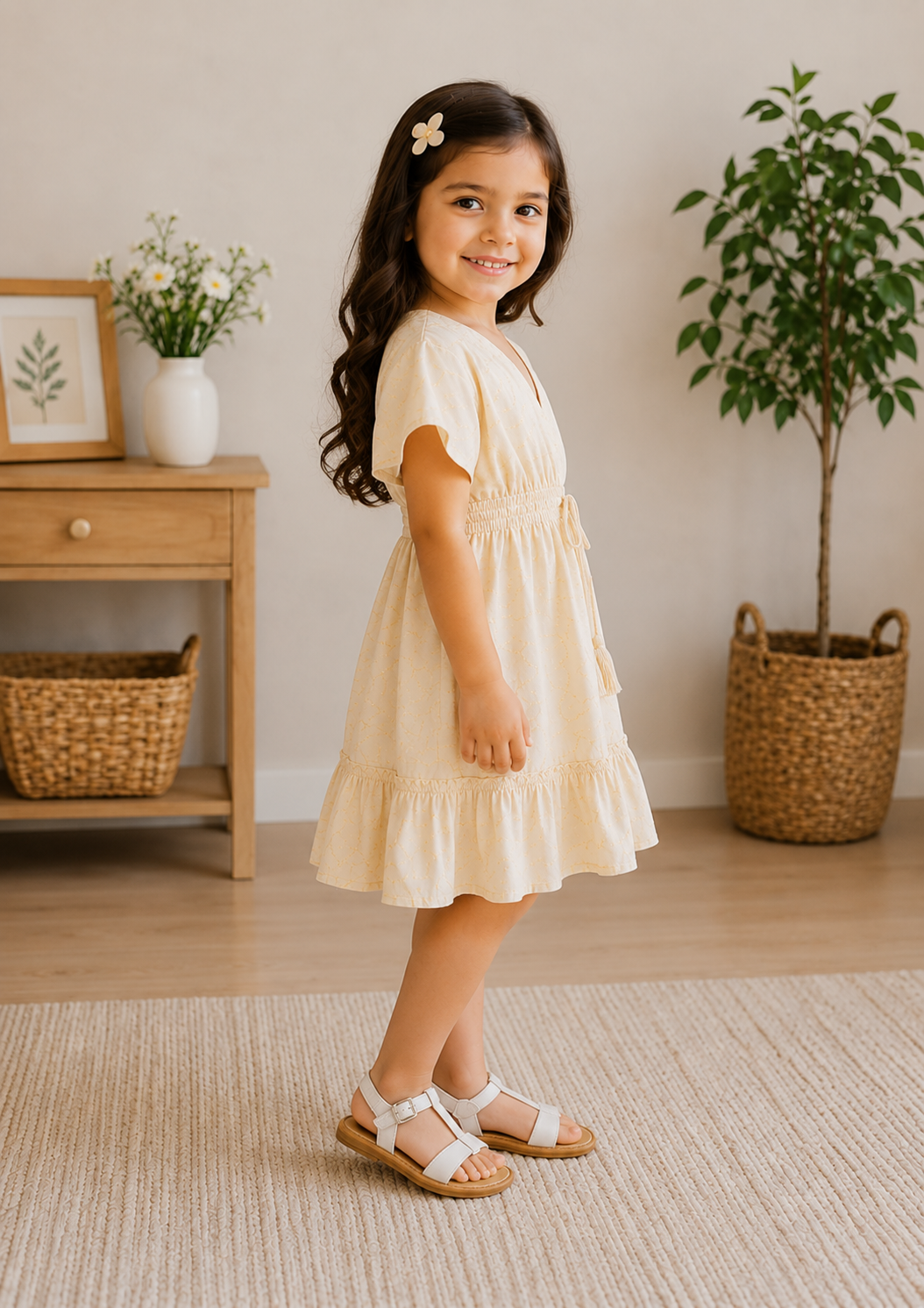 Baby Girls Vanilla Cream Smocked Waist Flared Midi Dress