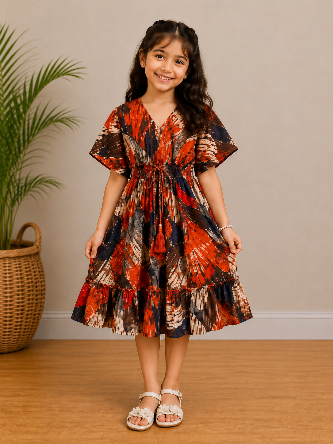 Baby Girls Rust Abstract Printed Smocked Waist Flared Midi Dress