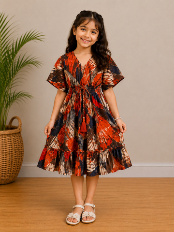Baby Girls Rust Abstract Printed Smocked Waist Flared Midi Dress