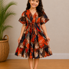 Baby Girls Rust Abstract Printed Smocked Waist Flared Midi Dress