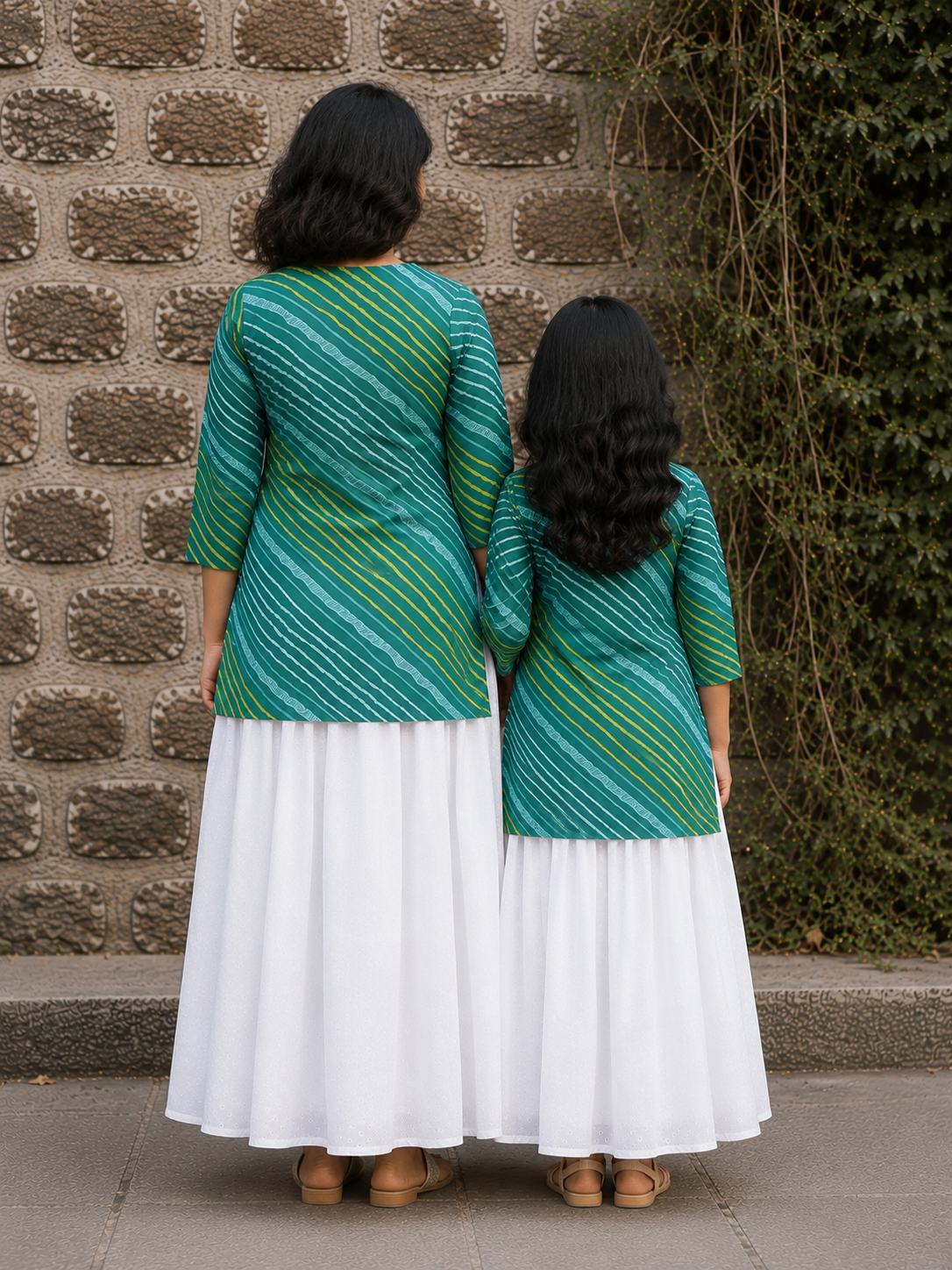 Mom & Daughter Teal Green Printed Kurta with White Flared Skirt Set