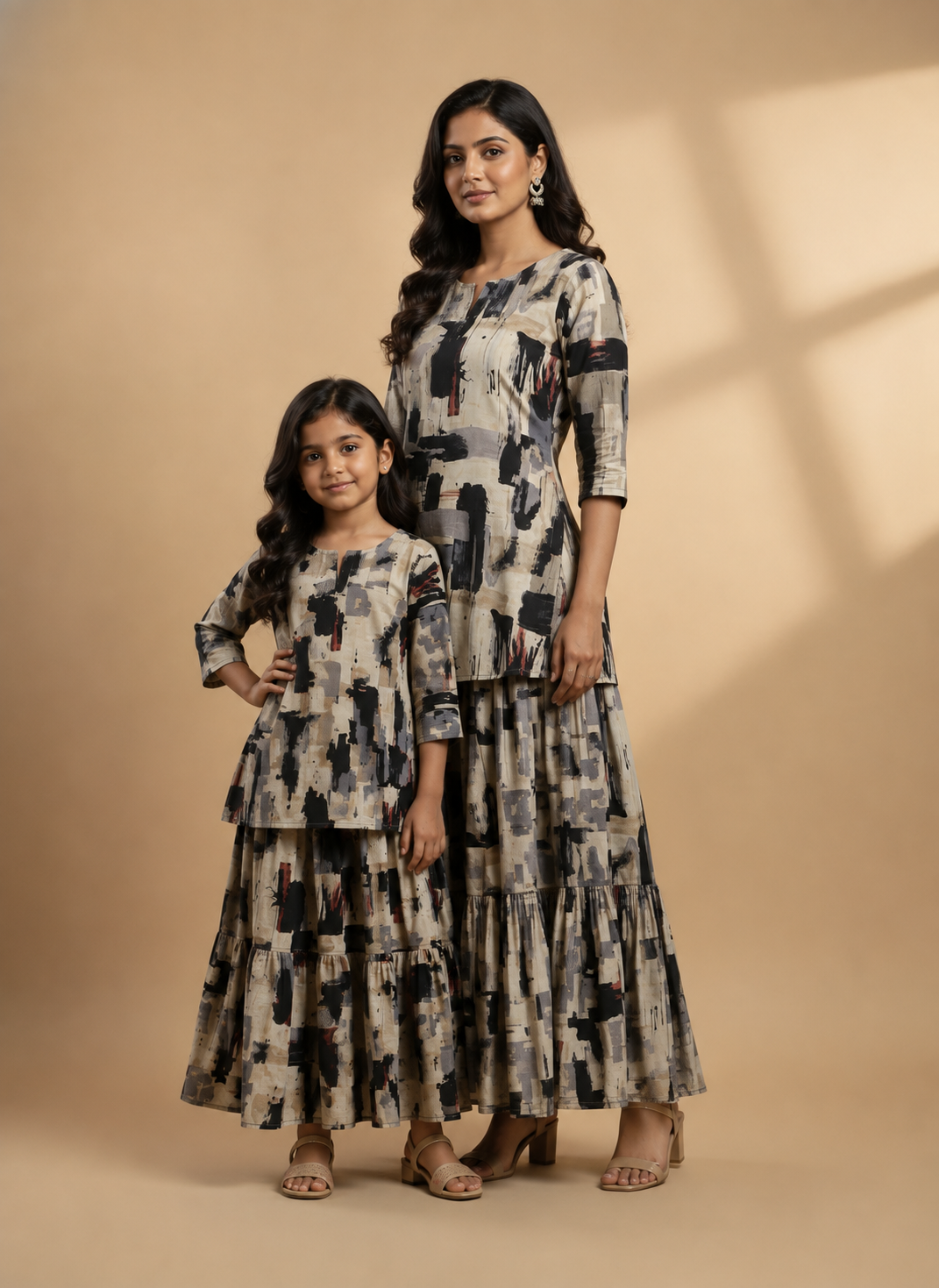 Mom & Daughter Beige Abstract Printed Kurta & Tiered Skirt Matching Co-ord Set