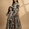 Mom & Daughter Beige Abstract Printed Kurta & Tiered Skirt Matching Co-ord Set