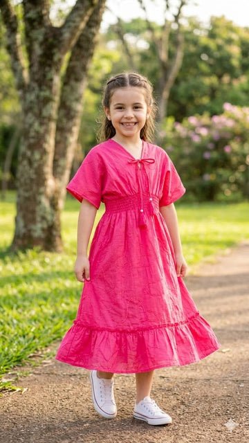 Baby Girls Pink Solid Cotton Smocked Waist Flared Midi Dress