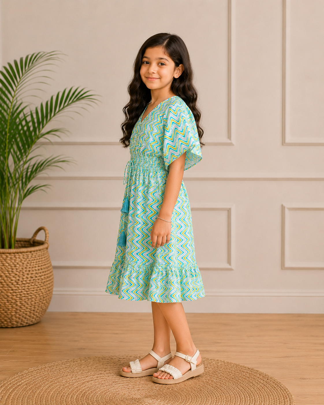 Baby Girls Cotton Blue Chevron Printed Smocked Waist Midi Dress