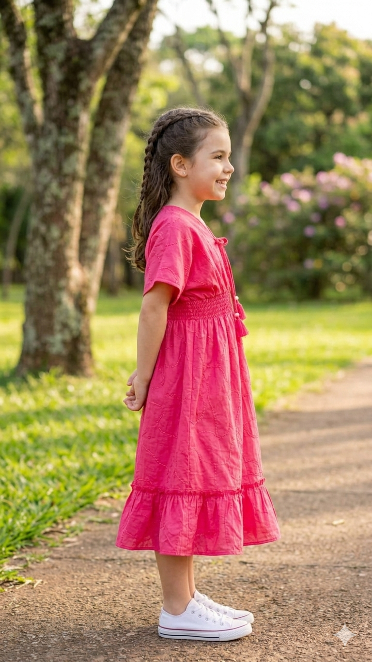 Baby Girls Pink Solid Cotton Smocked Waist Flared Midi Dress